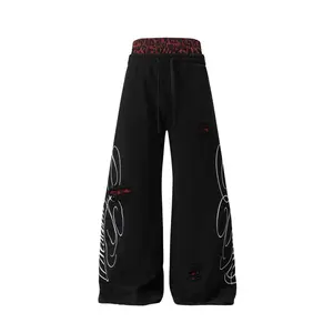 Women's Pants Double-layered leopard-print waistband distressed ripped loose-fit pants white graffiti lettering print casual pants gothic hip-hop style loose-fit sweatpants—perfect for everyday wear nightclub parties and urban street style looks