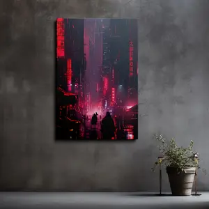 1p Cyberpunk City Night Scene Canvas Poster - Neon-Lit Futuristic metropolis Wall Art with Hook Hanging System, Dark Reds & Blacks for Living Room, Bedroom, Game Room, Office, Dorm - Modern Cyberpunk Decor, Modern Wall Art, Game Room Decoration