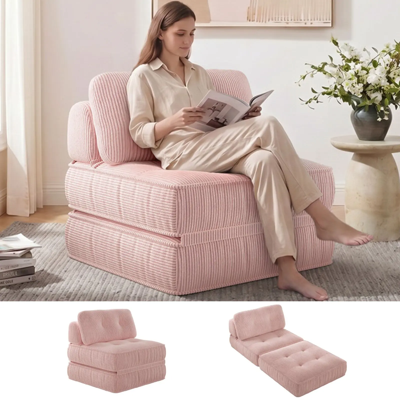 Sikaic 3 in 1 Folding Sofa Bed Lounge Chair with Pillows, Modular Multi-Functional Armchair for Living Room, Bedroom, Home Office, Boneless Couches, Easy Assembly