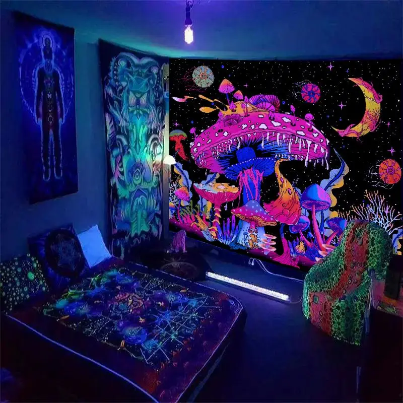 Fluorescent Mushroom Print Tapestry, UV Black Light Home Decor Posters Tapestry, Glow In The Dark Wall Hanging for Living Room, Bedroom Accessories, S