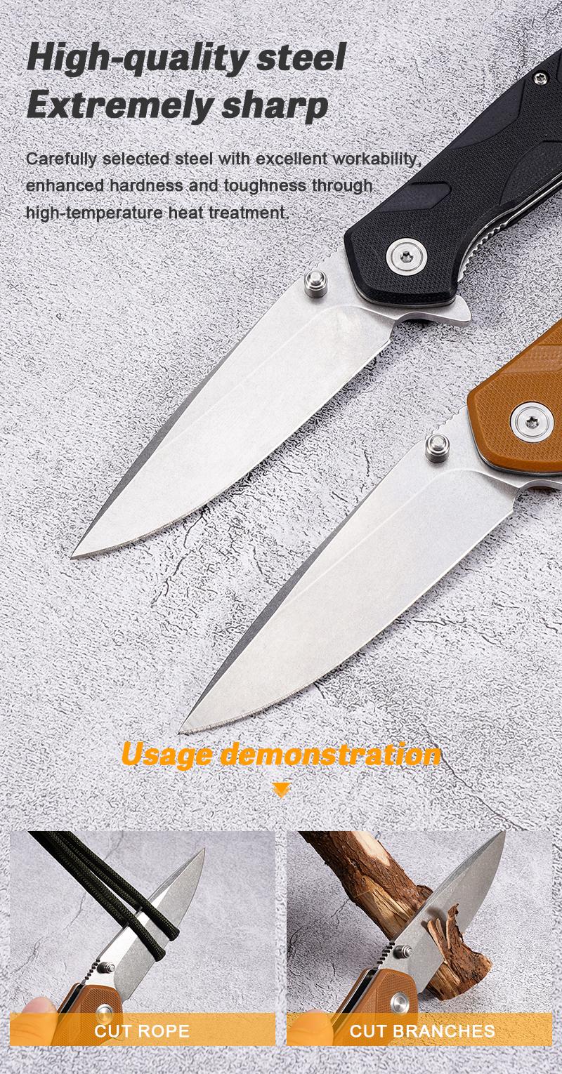 EDC multifunctional outdoor folding knife with G10 handle; convenient pocket/belt clip for easy carry; outdoor cutting tool designed specifically for climbing and fishing; a camping and hiking essential.
