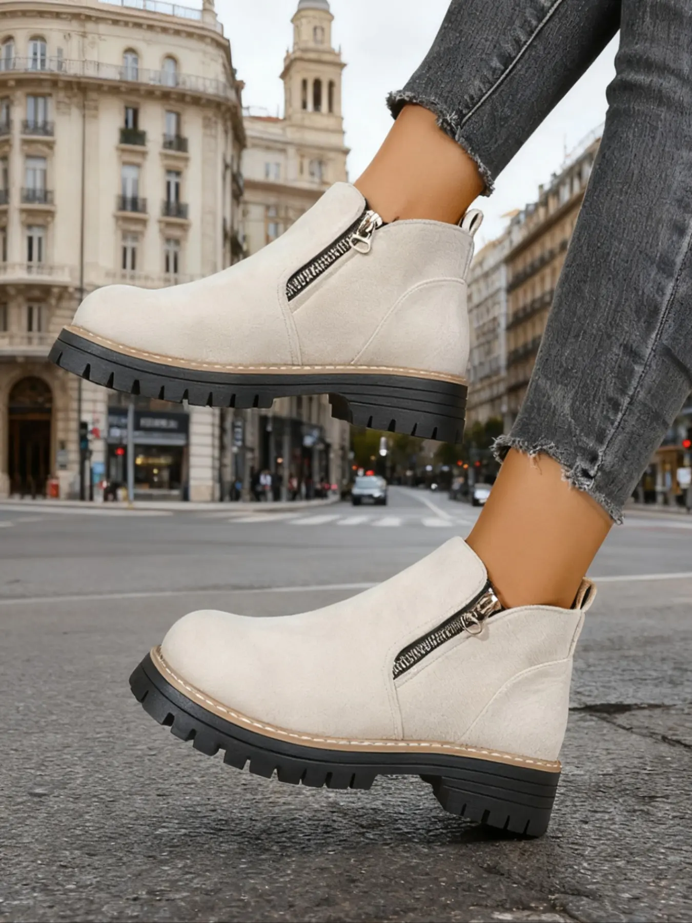Women's Pink Suede Side - Zip Ankle Boots with Lug Sole, Boots with zipper, Comfortable Block Heel Boots, Versatile Footwear for Daily Commuting, Leisure, Urban, Casual & Outdoor Wear