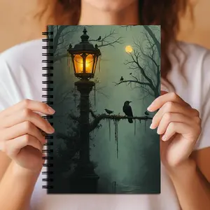 Raven Lamppost Spiral Notebook, Gothic Dark Forest Moonlight Journal, Lined Paper, Creepy Witchy Gift for Horror Fans & Gothic Art Lovers, Gothic Aesthetic, Lined Pages, Spiral Binding