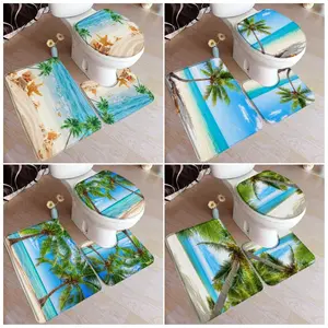 Ocean Bath Mat Set Island Tropical Coconut Trees Beach Starfish Seashells Scenery Home Doormat Bathroom Decor Rugs Toilet Cover