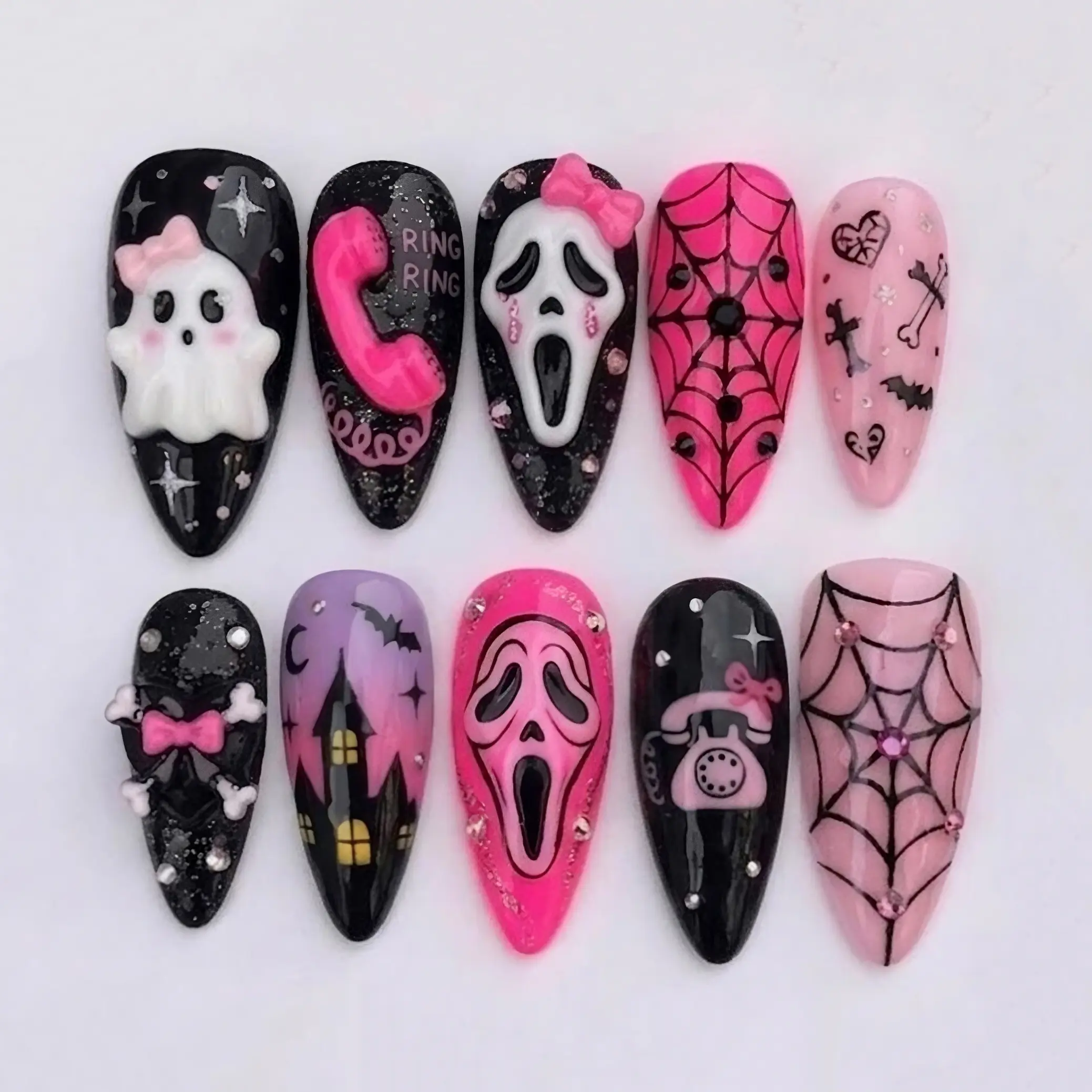Ghostface Halloween Press On Nails, Pink Black Spooky Nails, Gothic Halloween Nails, Spider Web Nails, Cute Horror Nail Art, 3D Fake Nails