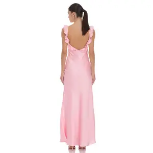 Satin Ruffle Open Maxi Dress in Pink