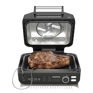 Indoor Outdoor Electric Grill, 8-in-1 Multifunctional BBQ Grill with Air Fry & Fry Basket, Non-Stick Large Grill for Patio Balcony Camping, Bake Roast Steak Broil Dehydrate All in One