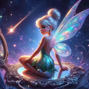 5D DIY Full Drill Round Diamond Painting - Diamond Art Kit Elf Wings, Starry Mirror, Green Skirt. Mosaic, Canvas - DIY Decorative Painting, Home Wall Decoration, Suitable for Halloween and Christmas, Birthday and Anniversary Gifts.