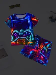 Toddler Boy's 2pcs Game Console Print Round Neck Tee & Elastic Waist Shorts Loungewear Set, Casual Comfortable Short Sleeve Lounge T-Shirt & Shorts PJ Set, Kids Sleepwear for Summer
