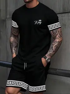 Men's Sport Round Neck Short Sleeve & Shorts Set, 3D Print Casual Summer Wear, Athleisure Wear Set, Geometric Pattern, Fitted H-Type, Drop Waist, Workout Summer Clothes, Casual Sportswear Set