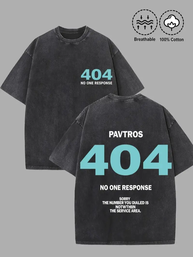 Men's Unisex 230g 100% Cotton Vintage Acid Wash Crewneck T-Shirt, 404 No Response Double-Sided Text Print, Loose Y2K Tech Meme Streetwear Casual Daily Top, Shortsleeve, Breathable