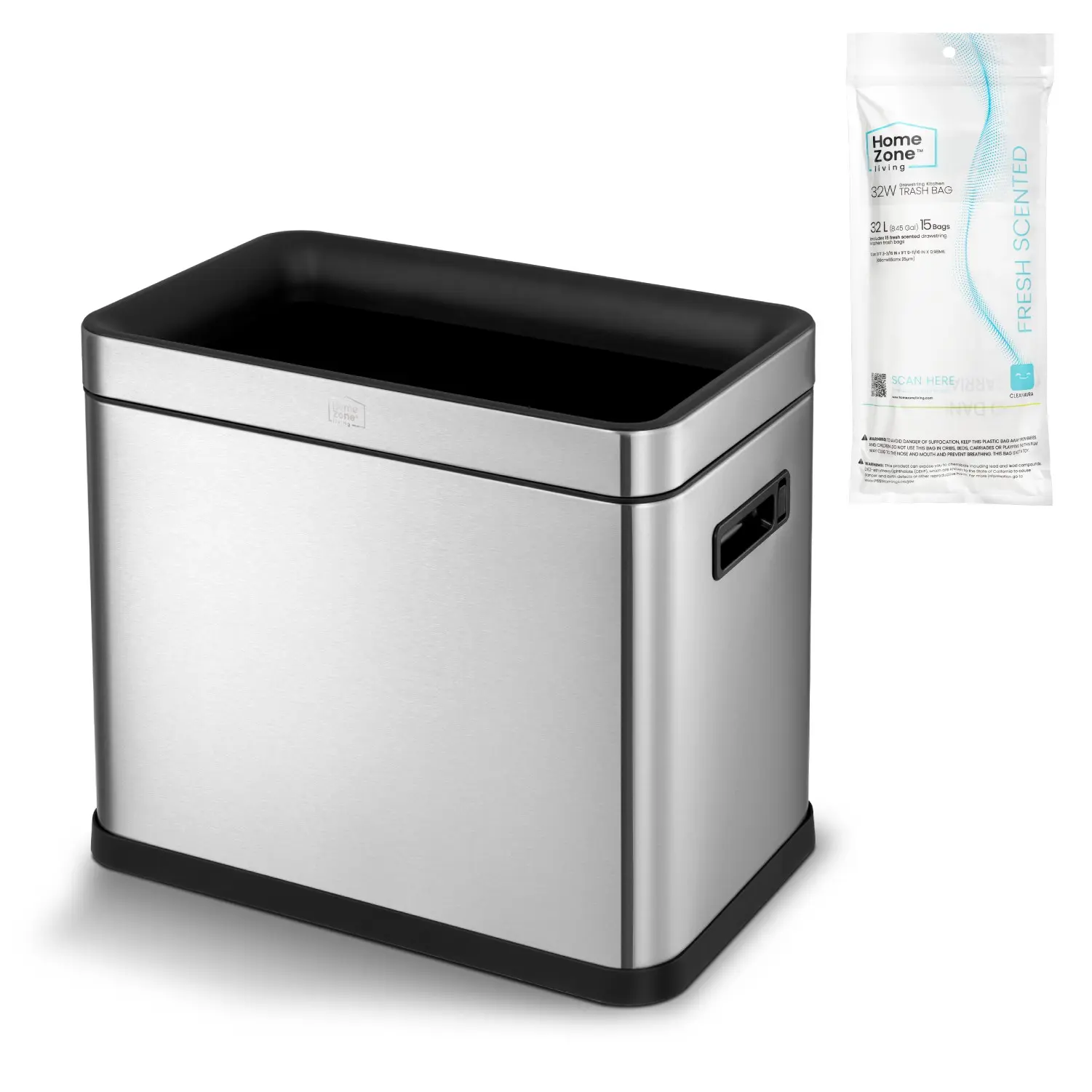 Home Zone Living 9 Gallon Slim Kitchen Trash Can with Open Top for Commercial Use, Stainless Steel, Silver