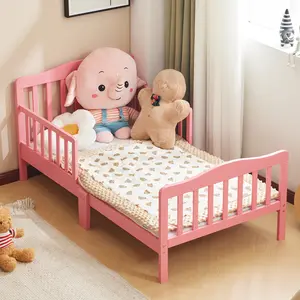 Solid Pine Wood Toddler Bed with Side Rails - Low Profile Pink Children's Daybed for Small Room