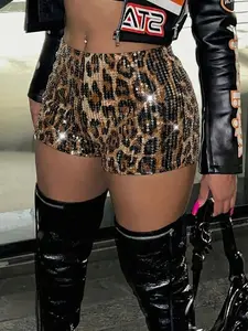 Women's Y2K Sequin Leopard Print Shorts, Slim Fit Knit Lining, Casual Street Style, Party, All Seasons, Casual Skinny Shorts