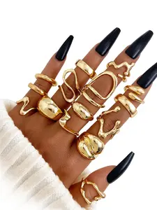 New glossy ring set of 15 fashion light luxury senior sense of opening vintage ring jewelry gold lava lines Elegant Ring Fashion Rings