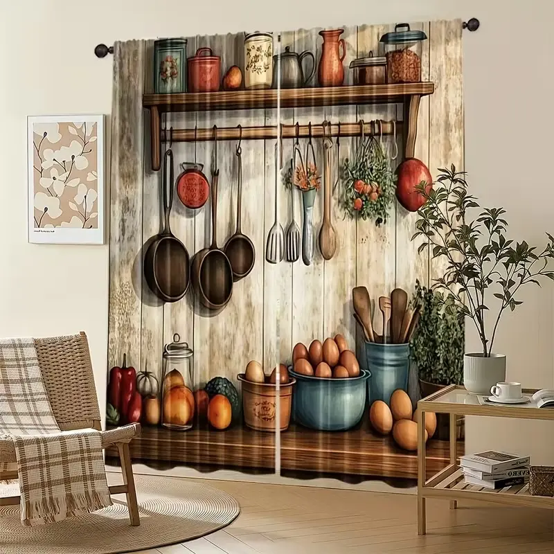 Vintage Farmhouse Kitchen Curtains, Home Decoration Curtain, Transparent Window Screens with Cooking Patterns, Rod Pocket Design for Dining Room & Bedroom, Interior Decoration Accessories, Upgrade Curtain, Home Decorative Curtain