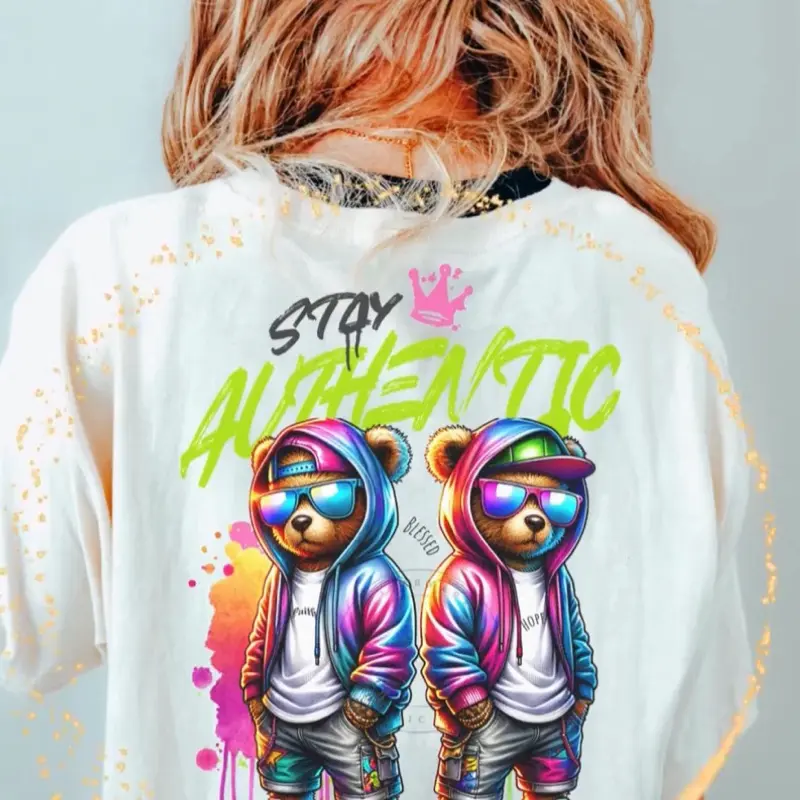 Stay Authentic Inspirational Teddy Bear Top - White, Graphic Design, Casual Style, Available in Black or White for Men, Women, or children!!!