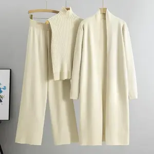 SpringandAutumnLooseKnittedSuitWomen'sLongShawlCardigan+TurtleneckVest+WideLegPantsThree-pieceSetClothingMatching