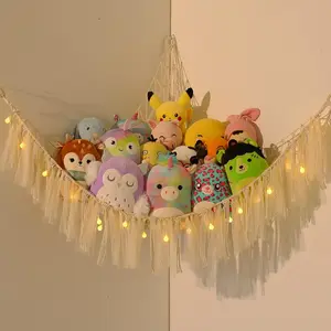Stuffed Animal Storage Macrame Boho Plush Toy Net Hammock For Stuffed Animals With Light Pet Net For Stuffed Animals Corner Hanging Stuffed Animal Holder Teddy Bear Net For Kids Room (White)