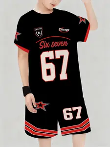 Boys' Basketball Set Summer Sports Wear Size 67 Short Sleeves Shorts Two-Piece Casual Loose Fit Natural Waist All over Print Sportswear Set Sports Clothing Set