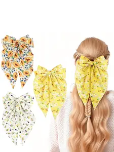 3pcs Sweet Sunflower Bee Print Bow Hair Clips, Hair Clip Set, Spring Summer Fabric Elastic Hairpins, Daily Beach Vacation Use, Back Headband Styling