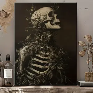 Gothic Skull Canvas Art with Solid Wood Frame - Complex Skeleton and Greenery Wall Decoration for Living Room, Office, Bedroom - Ideal Gift for Art Lovers, 2D, Perfect for Room Decoration