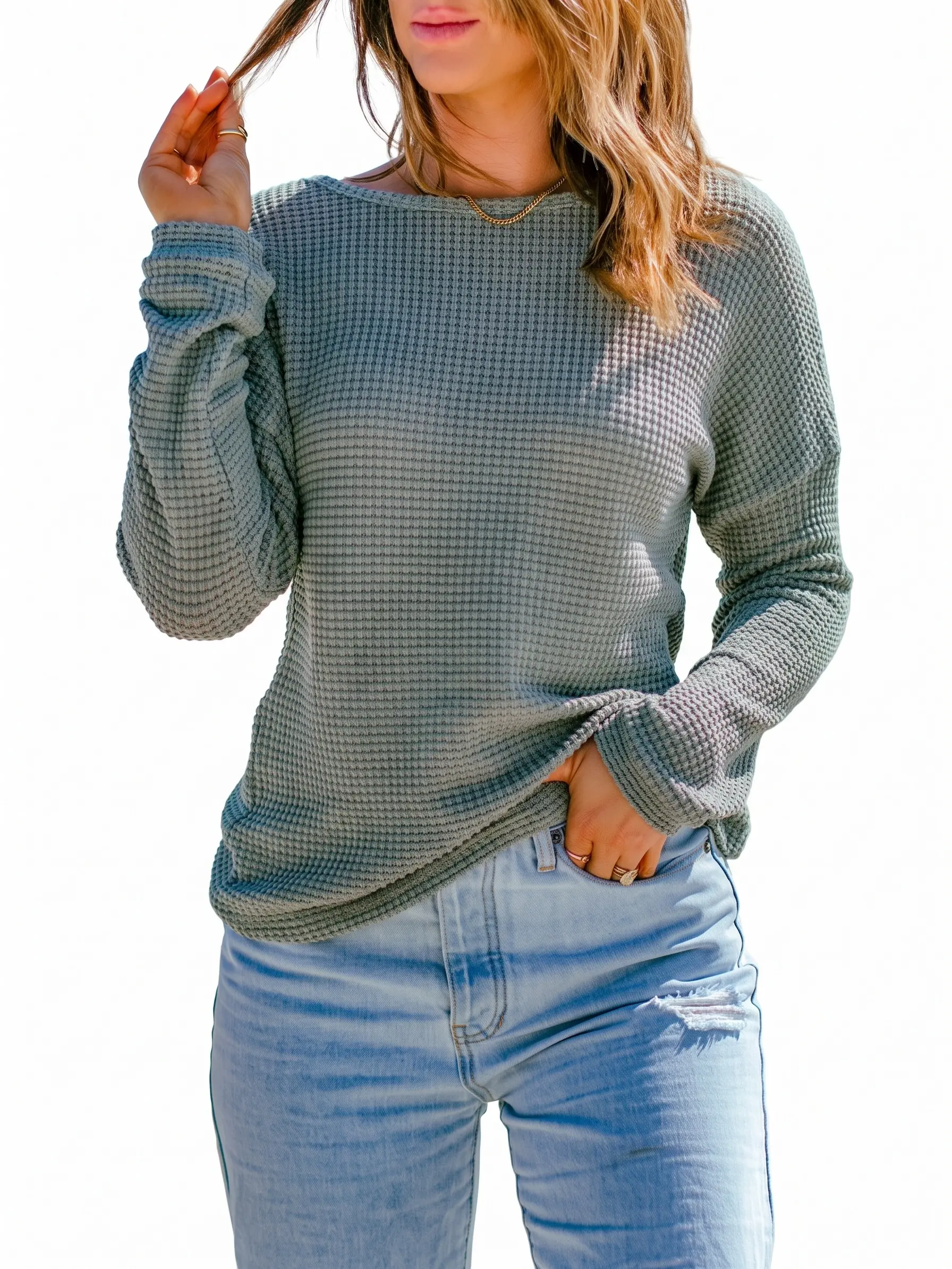 Women's Waffle Knit Long Sleeve Top Casual Drop Shoulder Pullover Lightweight Slouchy Sweater Fall Tunic Shirts Womenswear Fabric Fabric