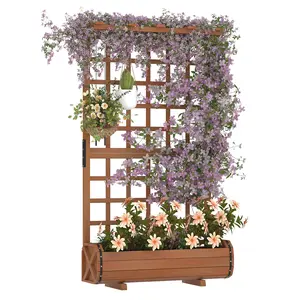 67" h Raised Garden Bed with Trellis & Roof - Wooden Planter Box with Drainage, Freestanding Outdoor Garden Box for Climbing Vines, Vegetables, Flowers - Perfect for Yard, Patio, Balcony Hanging Baskets