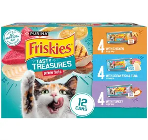 Purina Friskies Wet Cat Food Variety Pack, Tasty Treasures Prime Filets (With Ocean Fish and Tuna, With Chicken and With Turkey) - (Pack of 12) 5.5 oz. Cans