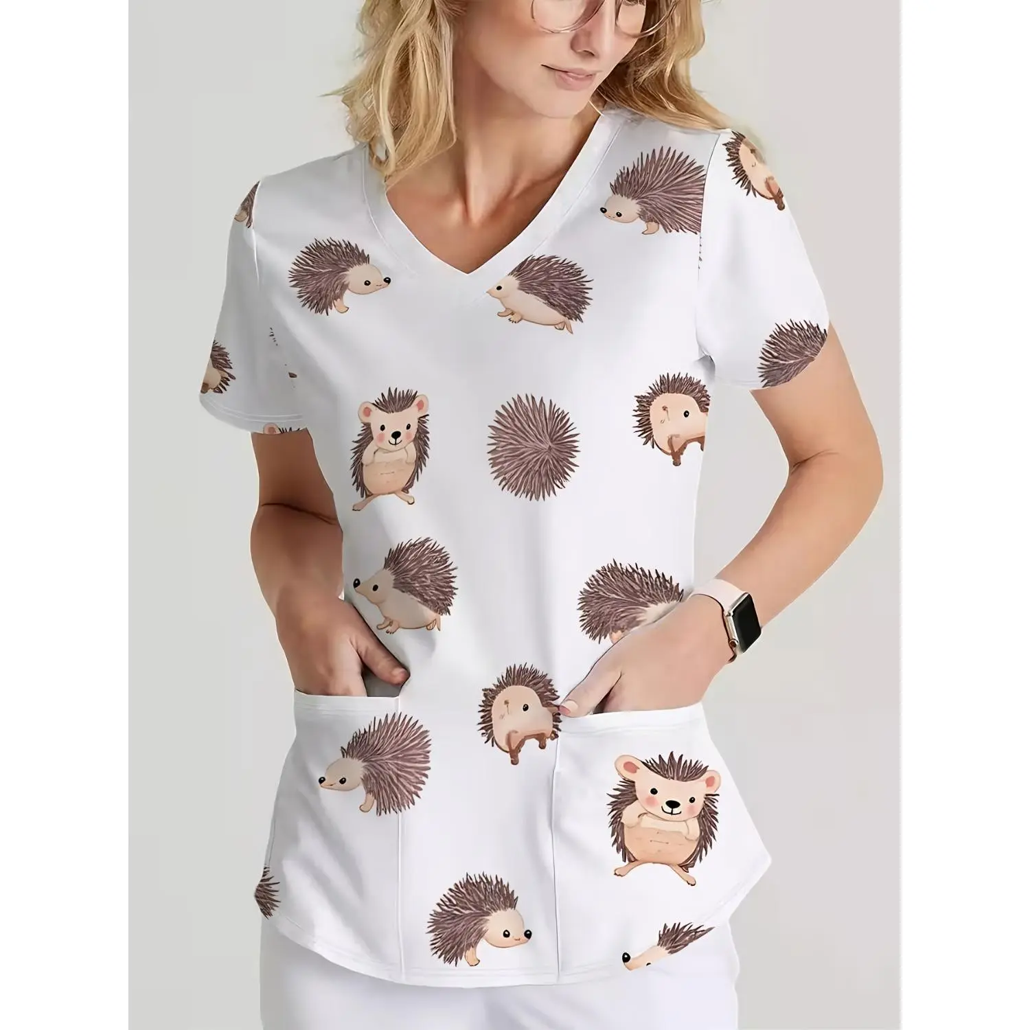 Charming Hedgehog V-Neck Short-Sleeve Women's T-Shirt with Front Pockets - Soft, Washable & Comfortable Fabric