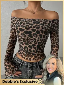 Sexy Off Shoulder Long Sleeves Leopard Print Women's T-shirt Base Layer Top, Fashion Slim Flounce Sleeve Crop Top for Daily Outdoor Wear, Women Clothing Womenswear for Fall & Winter