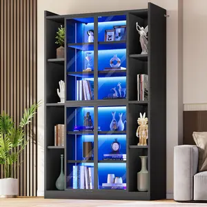 SEDETA 64 Inch Display Cabinet with acrylic glass Doors 6 Tier Tall Bookcase with LED Lights Curio Cabinet with Adjustable Shelves