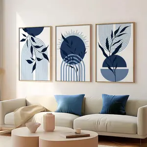 Three Modern Minimalist Plant Line Drawing Posters/Canvas - Navy Blue Abstract Print, Frameless Wall Art, Suitable for Bedroom and Living Room Decor, Greenhouse Gift, Neutral Decorative Art Painting