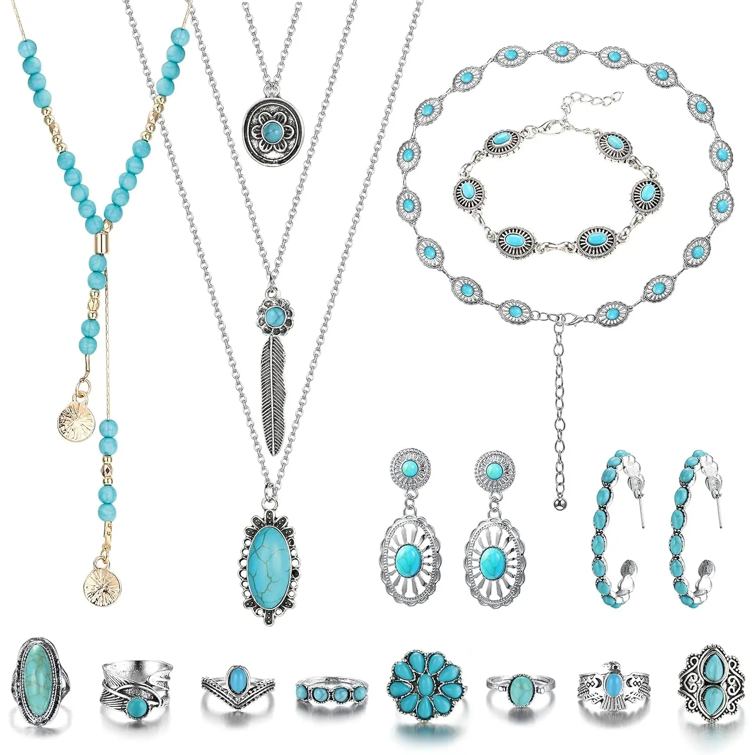 Florideco Women's Bohemian Turquoise Accents Jewelry Set - Adjustable Belt, Rings, Necklace, Vintage Drop Earrings, Bracelet - Fashion Accessories, Colored Gemstone, Gemstone Accessories, Bohemian Jewelry Sets, Gemstone Jewelry Sets