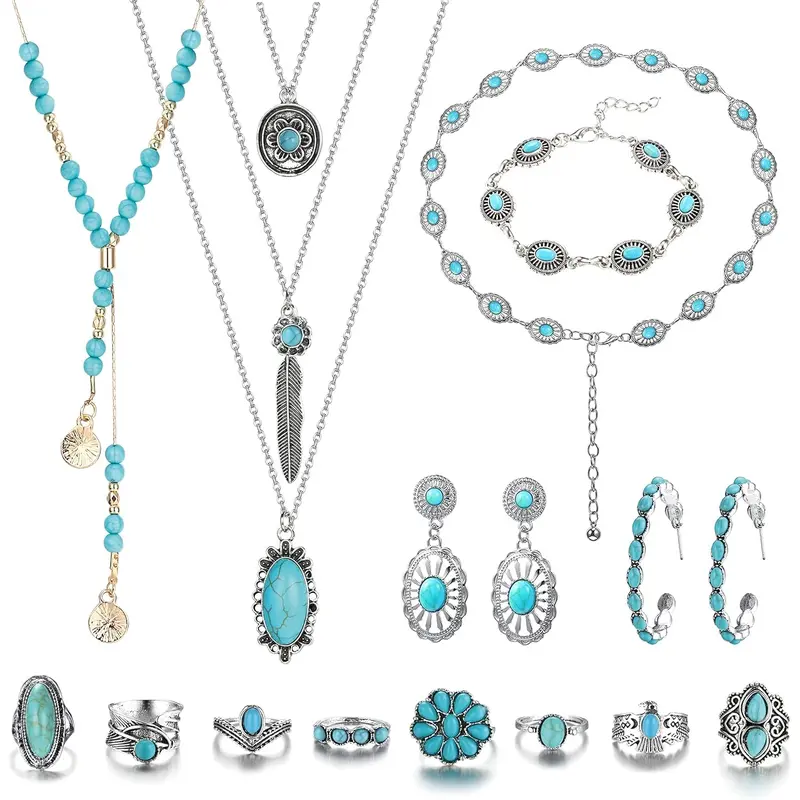 Florideco Women's Classic Unique Bohemian Western Look Vintage Floral Jewelry Set - Adjustable Belt, Pear Accent Rings, Chain Necklace, Vintage Drop Earrings, Bracelet, Colored Gemstones, Metal Shine, Standout Charm Fashion Accessories