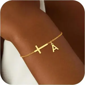 Cross Initial Bracelets Initial Braclets for Girls Women - Teen Girls Gifts Trendy Stuff 18K Gold Plated Cross Initial Letter Bracelets Dainty A - Z Letter Bracelet Birthday Gifts for Girl Women Age 5-16