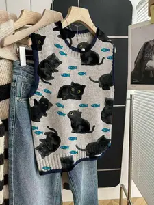 Women's Casual Fitted Light Soft Breathable Knit Top Vests, Round Neck Sleeveless Design, Cartoon Pattern Print, Perfect for Spring & Fall, Womenswear