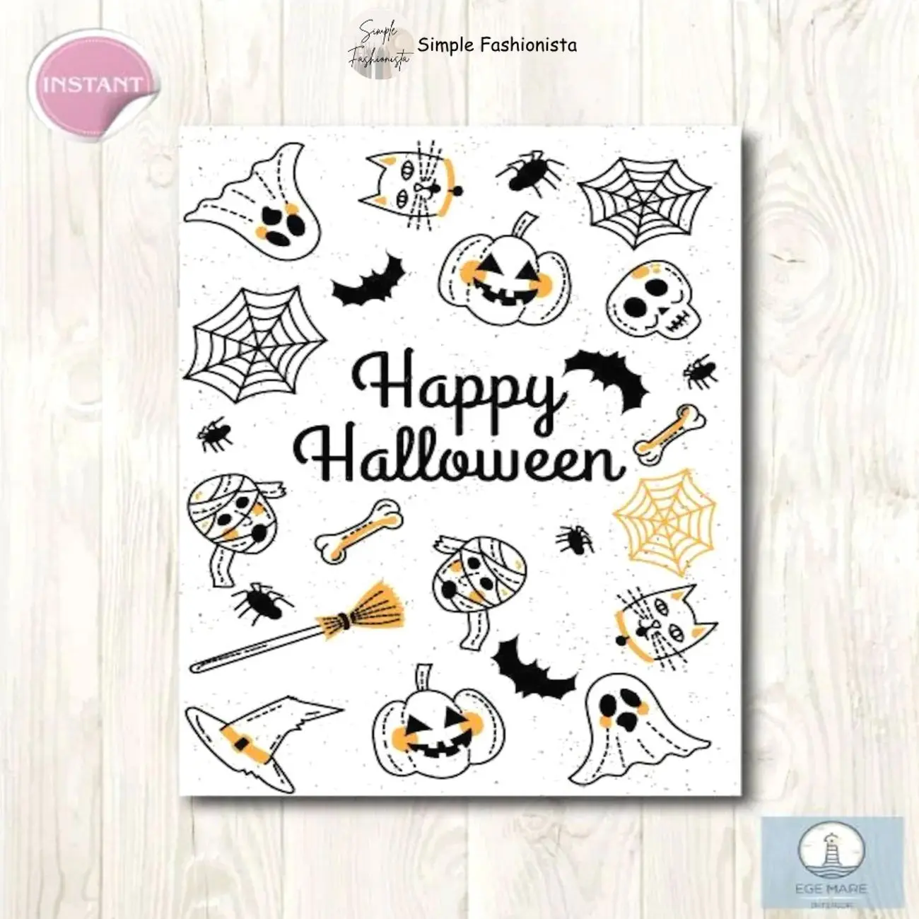 Cute Happy Halloween Printable Wall Art Card, Ghost Pumpkin Spider Bat Witch Digital Download Poster