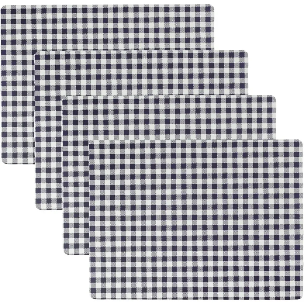 Classic Durable Cork-Backed Checkered Placemats Set of 4, Thick Mat 12"x16" Navy Gingham Spill-Proof Rectangle Table Mats for Kitchen & Dining Tables, Easy Clean