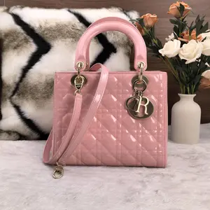 Pre-owned Dior Raspberry Pink Patent Leather "Lady Dior" Medium 5 Grid Handbag/Shoulder Bag with Gold Hardware 866