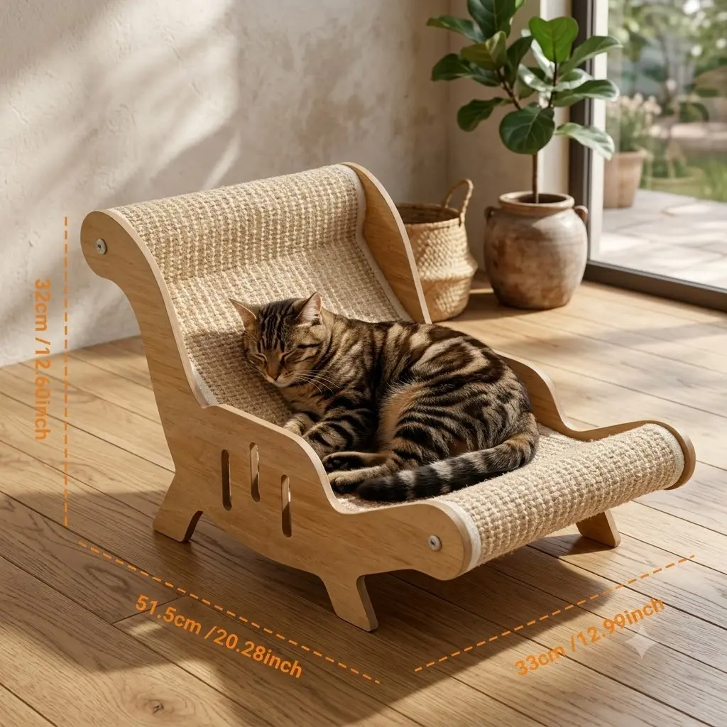 Modern Wood Frame Cat Couch Lounge with Sisal Scratching Pad Home Calming
