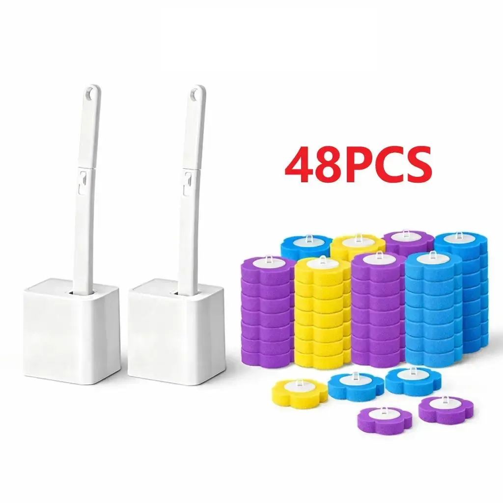 Toilet Brush Set Variety Pack (2pcs + 48 Assorted Disposable Pad Heads) - Self-Cleaning Scrubber Kit, No Pre-Rinse, No Mess, No Odor, Streamlines Bathroom Hygiene, Home Bathroom Accessory, Assorted Heads