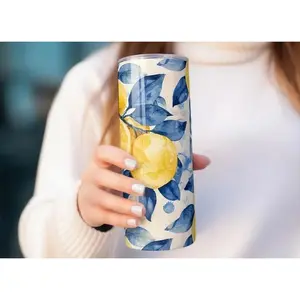 Watercolor Lemon Skinny Tumbler, Fruit Summer Stainless Steel Travel Coffee Cup, Lemon 20oz Tumbler