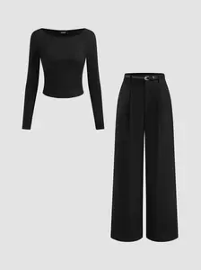 Boat Neck Long Sleeve Top & Mid Rise Straight Leg Trousers With Belt Set