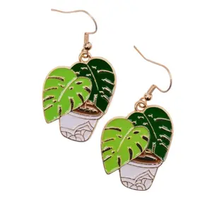 Monstera Leaf Dangle Earrings Tropical Plant Gold Boho Botanical Drop Jewelry with Green Enamel and Gold Hooks