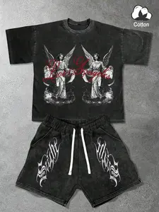 Unisex PARADISE Ski Mask Washed Tee & Shorts Set Viral CleanFit DarkStreet Premium Heavyweight Cotton Rhinestone Embellished Graphic Vintage Washed Finish Adjustable Drawstring Relaxed Fit Y2K Streetwear OOTD Menswear Outfit