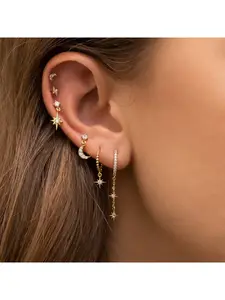 Star and Moon Chain Tassel Earrings - Hexagram Personality Fashion Earrings Set for Women's Ear Pendants
