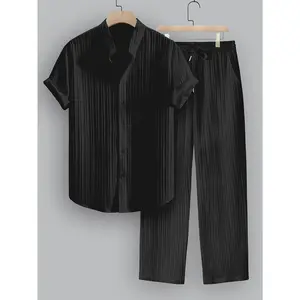 2-piece men's summer casual striped polyester fiber set, short sleeved stand up collar shirt and drawstring pants, non stretch woven fabric, regular fit suitable for daily wear and beach vacation, solid color, beach vacation