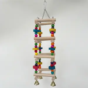 Wooden Bird Chew Toy for Parakeets Parrots Cockatiels Cage Climbing Playground with Bells for Beak Health