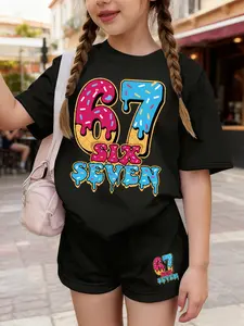 Girls Sweet Cool Street Style Set, Donut Print Short Sleeve T-Shirt & Shorts, Summer Two-Piece, Holiday Gift